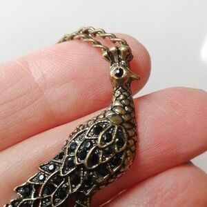 Peacock Art Nouveau Style Brass Colour Dark Rhinestone Pendant on Chain
